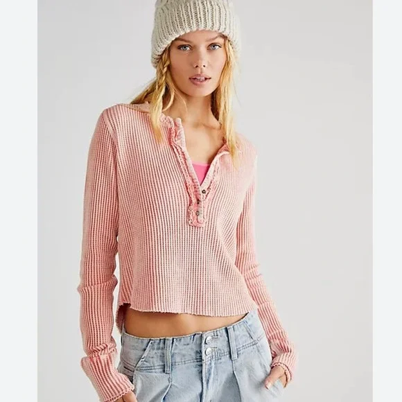 SOLD ❗️Free People Colt Waffle Knit Thermal Long Sleeve Raw Hem Top NWT Size M - Picture 3 of 12